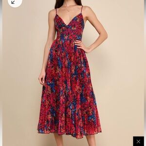 New Lulus Sincerely Gorgeous Black Multi Floral Pleated Midi Dress size small